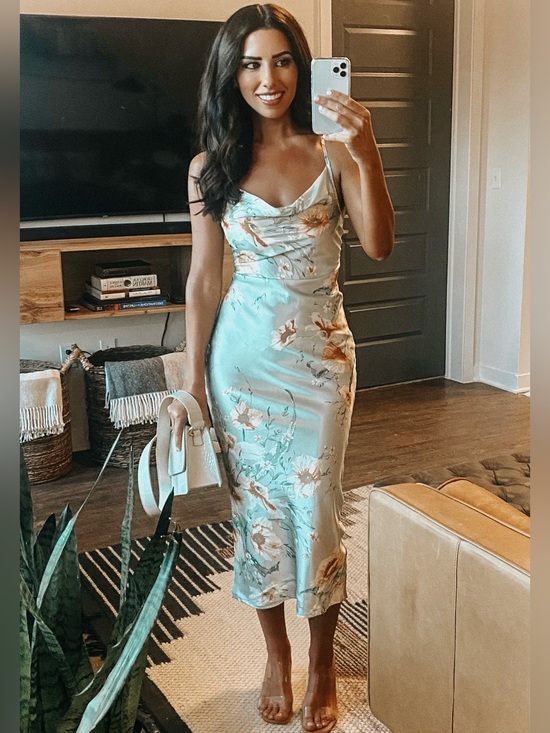 Dresses & Skirts - Floral Satin Slip Midi Dress in Light greed